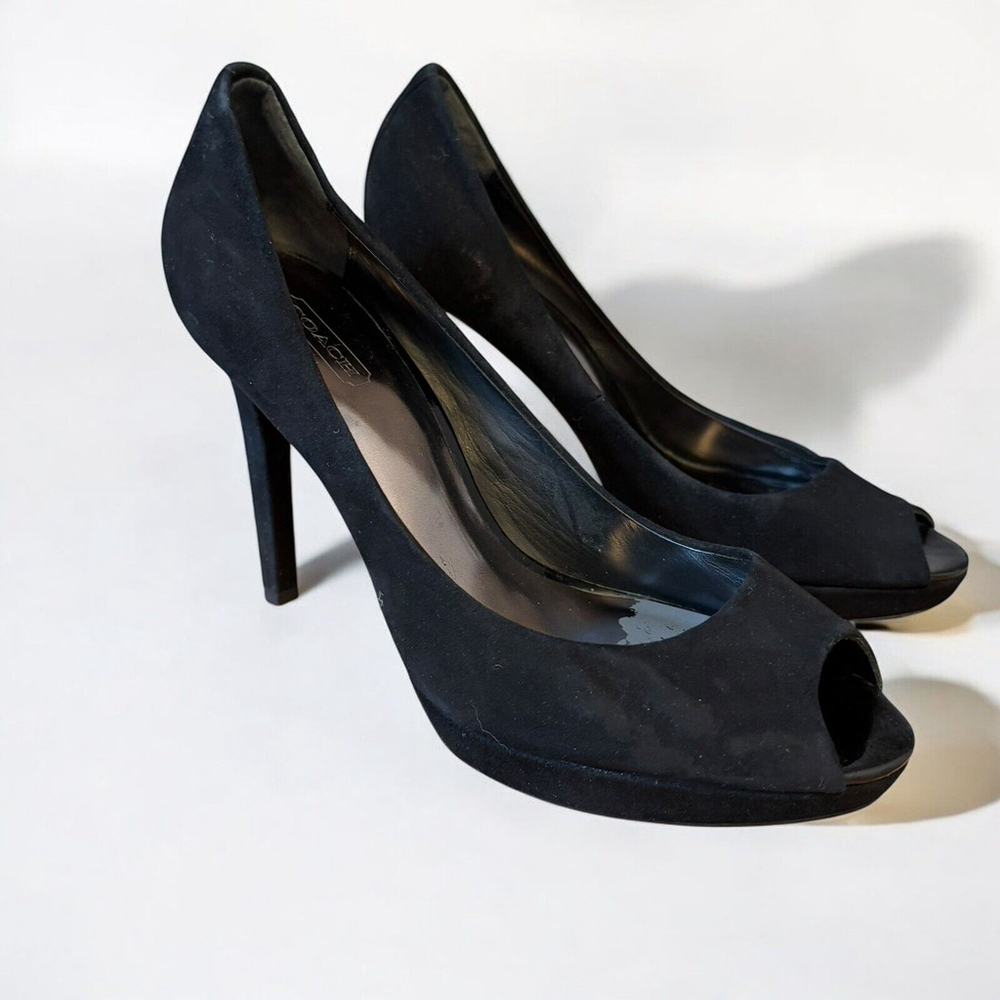 Coach Heel Selma Black Suede Peep Toe Platform 4" Heel Women’s Size 9